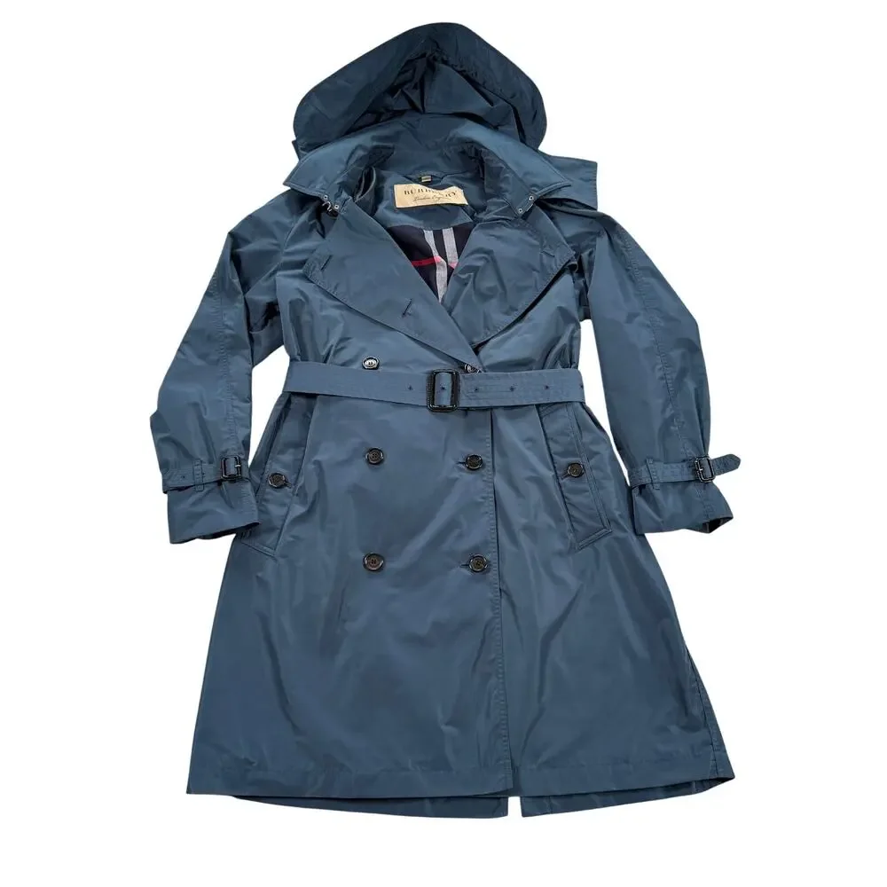 Burberry London Blue Trench Coat Women Hooded Belted Nova Check Lined Size 14 - Picture 2 of 16